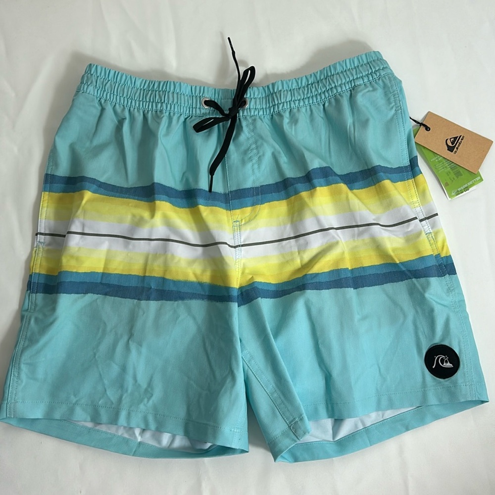 Quicksilver Men’s Size Large Blue White Yellow Baggies Swim Trunks Board Shorts
